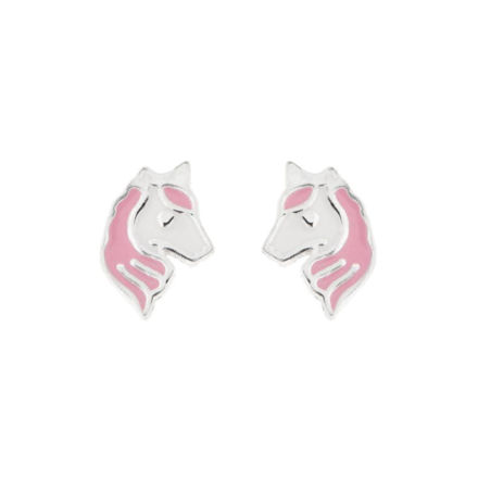 Sølv øredobber hest hvit+rosa emalje