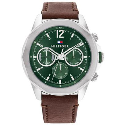 Tommy Hilfiger herreur 46mm grønn skive og brun reim