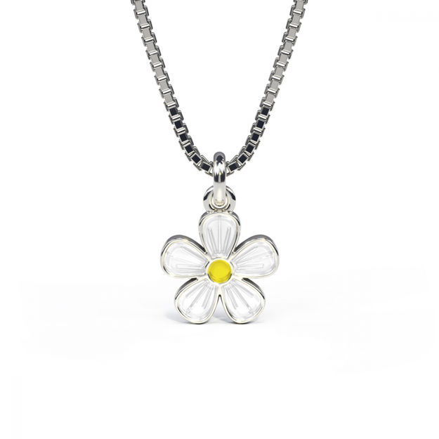 Sølv halssmykke hvit emalje blomst med gul knopp 9mm med 34+3cm kjede