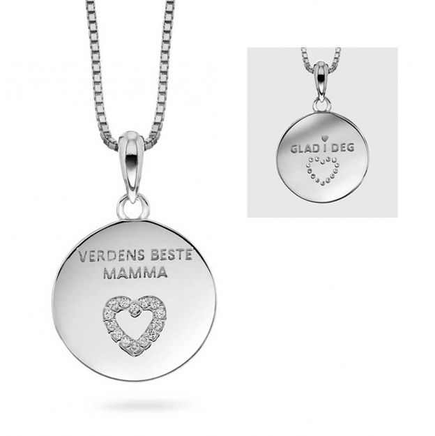 Rhodinert sølv rund plate med zirconia hjerte "Vardens Beste Mamma"