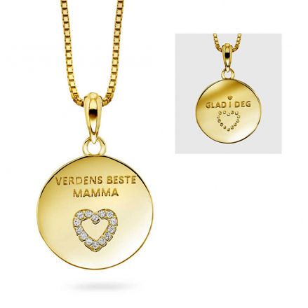 Forgylt sølv rund plate med zirconia hjerte "Vardens Beste Mamma"