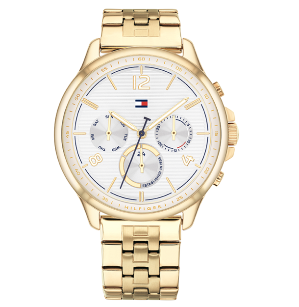 TOMMY HILFIGER,DAME,GF/STÅL KASSE/LENKE,HVIT SKIVE M/3UR,38MM 