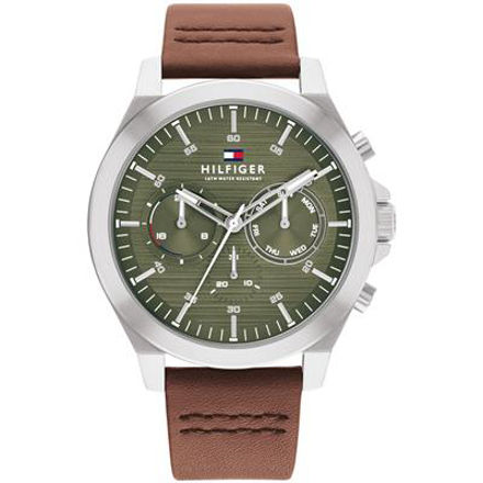 Tommy Hilfiger herreur 46mm grønn skive og brun reim