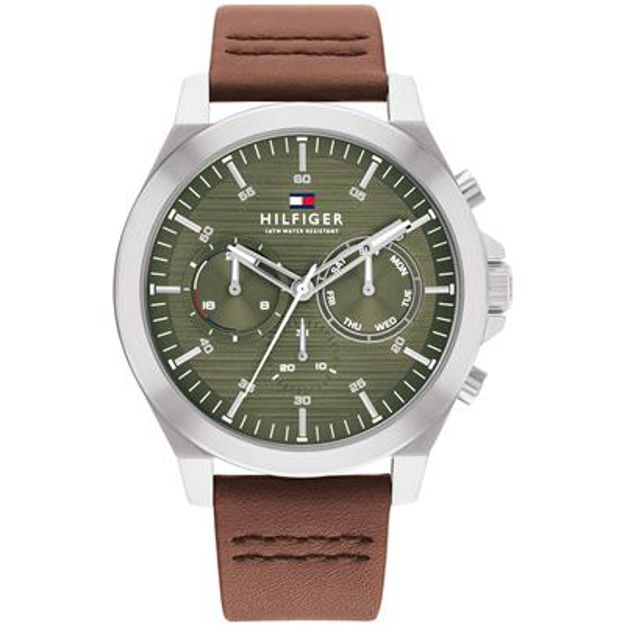 Tommy Hilfiger herreur 46mm grønn skive og brun reim