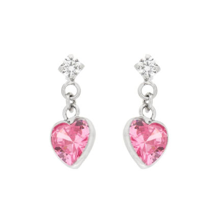 Sølv øredobber med rosa hjerte og liten rosa zircon
