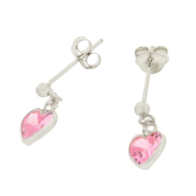 Sølv øredobber med rosa hjerte og liten rosa zircon