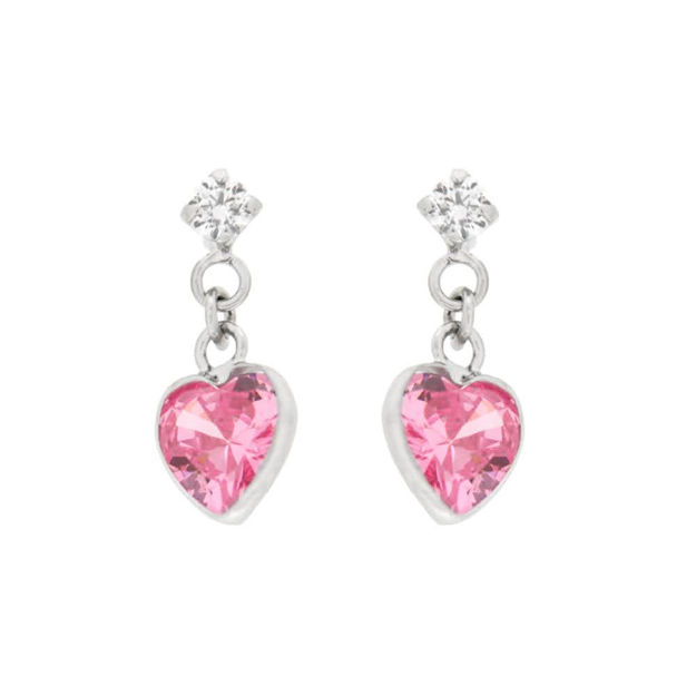 Sølv øredobber med rosa hjerte og liten rosa zircon