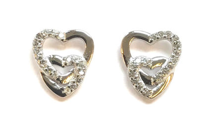 Rhodonert sølv øredobber, 2 hjerter med Cubic Zirconia