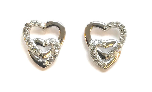 Rhodonert sølv øredobber, 2 hjerter med Cubic Zirconia