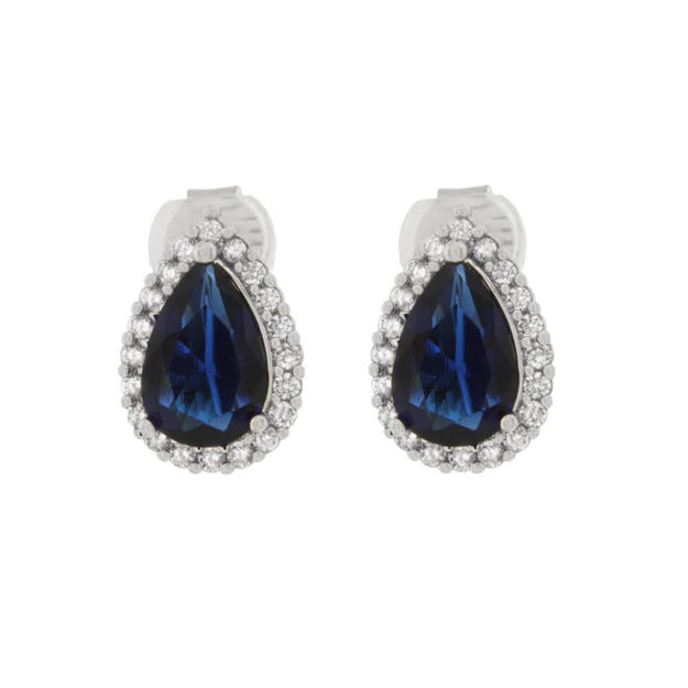Øreklips double rosett med blå dråpe og blanke Cubic Zirconia rundt
