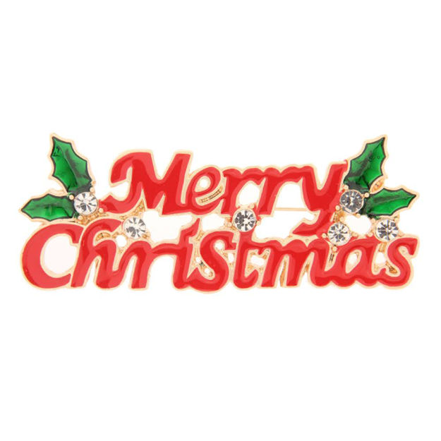 Julenål gullbelagt "Merry Christmas" rød/grønn med blanke steiner