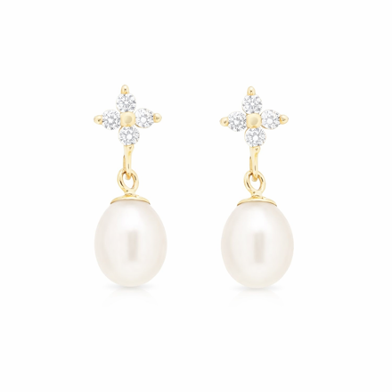 Gull øreheng zircon rosett med ferskvannsperleheng