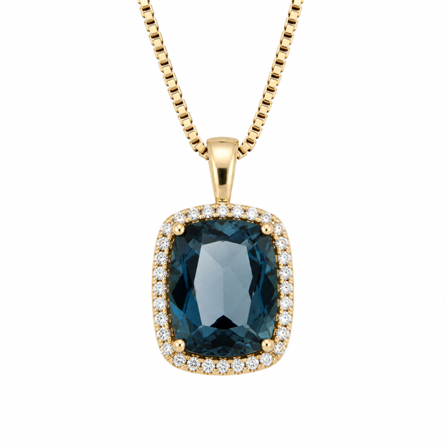 Gull anheng med London Blue Topaz og dia 0,10ct TW/SI