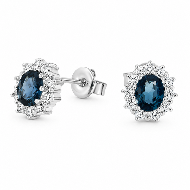 Rhodinert sølv øredobber rosett med London Blue Topaz og blanke Cubic Zirconia