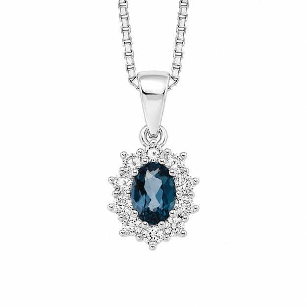 Rhodinert sølv halssmykke rosett med London Blue Topaz og blanke Cubic Zirconia