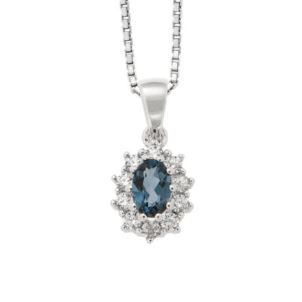 Rhodinert sølv halssmykke rosett med London Blue Topaz og blanke Cubic Zirconia