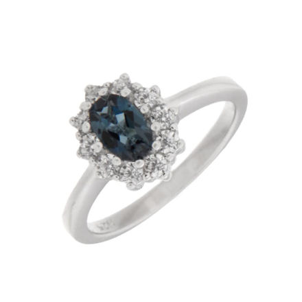 Rhodinert sølv ring rosett med London Blue Topaz og blanke Cubic Zirconia