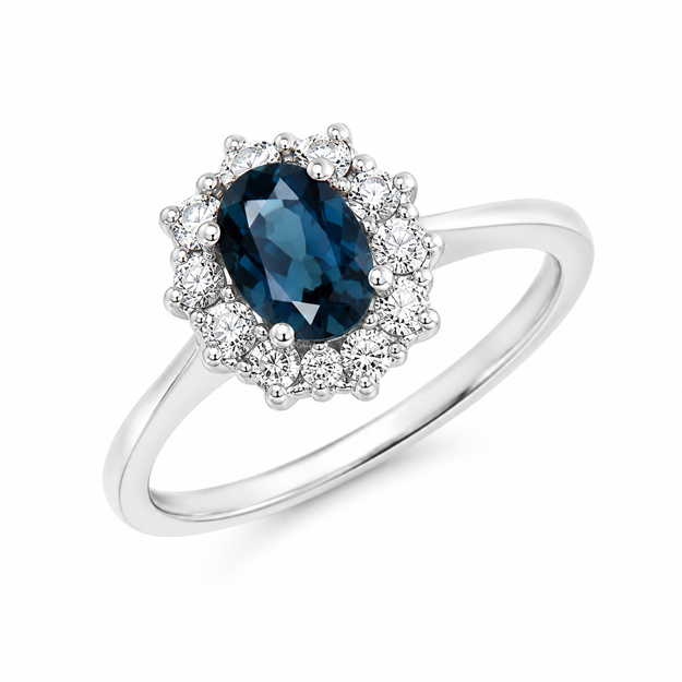 Rhodinert sølv ring rosett med London Blue Topaz og blanke Cubic Zirconia