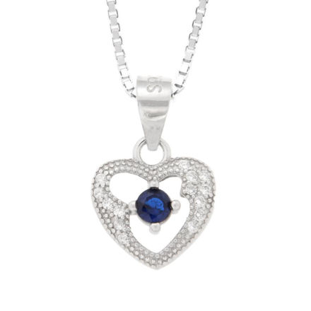 Rhodinert sølv halssmykke hjerte med blå og blanke zirconer