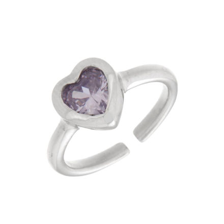 Rhodinert sølv ring med lys lilla zircon hjerte