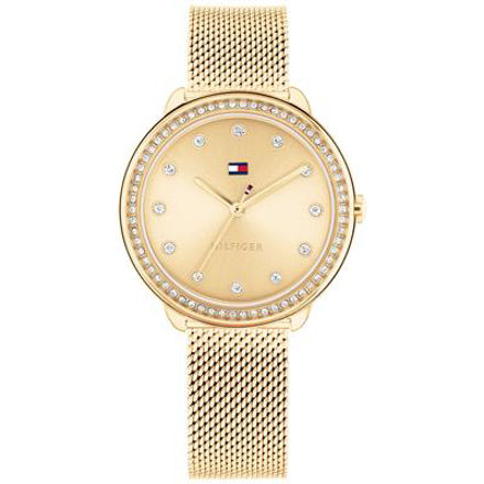 Tommy Hilfiger dameur i forgylt stål 30M, med forgylt skive og mesh lenke, Ø:32mm