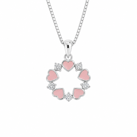 Sølv sirkel 12mm med rosa hjerter og Cubic Zirconia