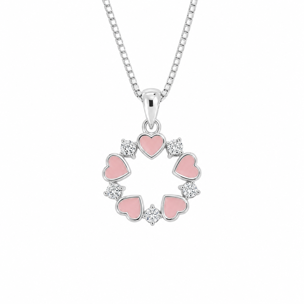 Sølv sirkel 12mm med rosa hjerter og Cubic Zirconia