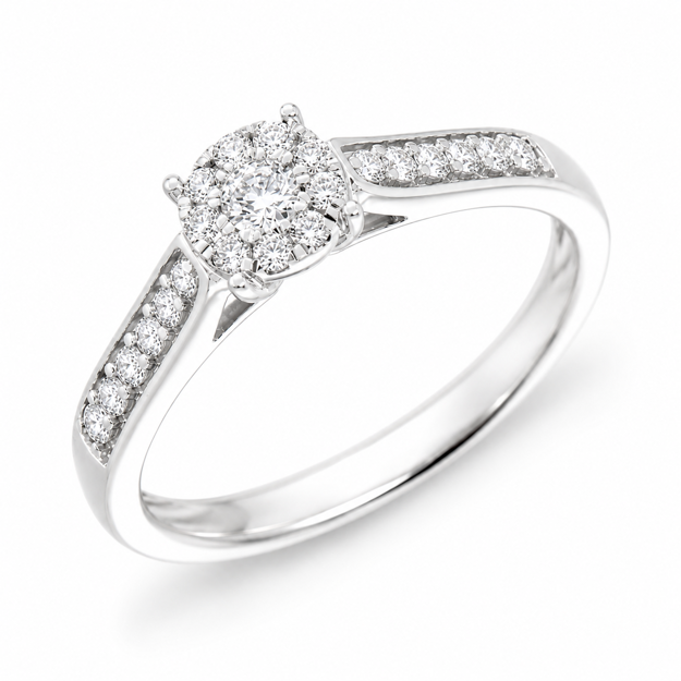 Hvitt gull rosettring med 22 diamanter totalt 0,31ct W/SI