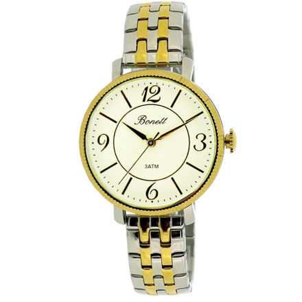 Bonett dame klokke tofarget lenke & krem skive og tydelige tal 34mm 3ATM