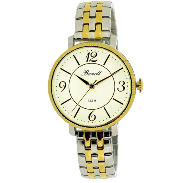 Bonett dame klokke tofarget lenke & krem skive og tydelige tal 34mm 3ATM
