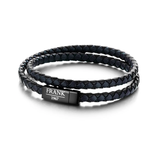 Frank 1967 stål armbånd 2rad svart flettet lær & svart lås