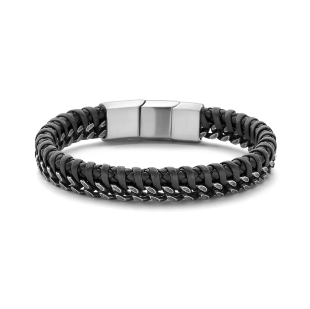 Frank 1967 stål armbånd svart/brun lær og oksidert stål