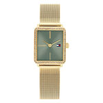 Tommy Hilfiger dameur forgylt med grønn skive, rektagulær med stener rundt skiven