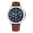 Tommy Hilfiger herreur stål, blå skive & brun skinreim 43mm 5 ATM