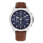 Tommy Hilfiger herreur stål, blå skive & brun skinreim 43mm 5 ATM