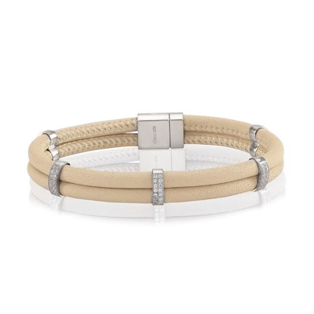 Armbånd sølv Modena Uno 2x4mm offwhite skinn med Cubic Zirconia, magnetlås