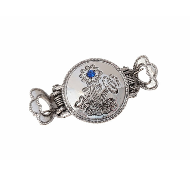 Hårklype bunad Ida stor oksidert sølvfarget med blå stein