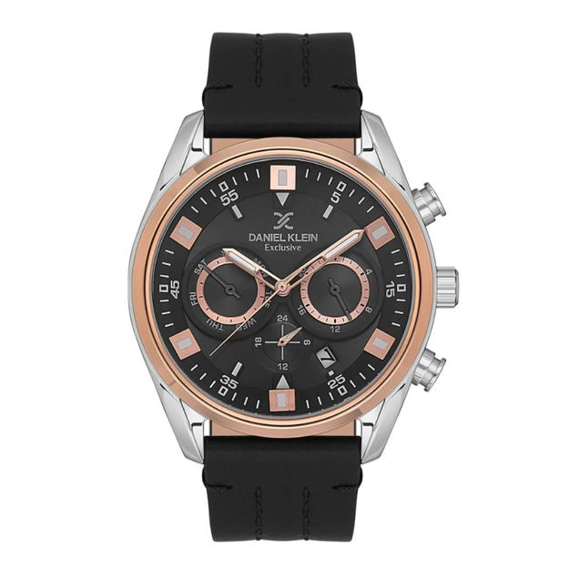 Daniel Klein Exclusive herreur stål klokke med sort skive & sort skinnreim