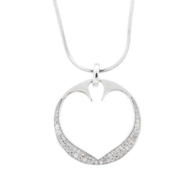 Rhodinert sølv halssmykke åpent hjerte & cubic zirconia 25mm