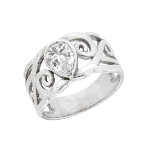 Rhodinert sølv ring cubic zirconia dråpe 10mm