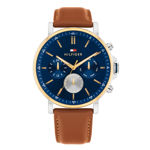 Tommy Hilfiger herreur gullfarget stål 43mm blå skive & lysbrun skinnreim 5atm