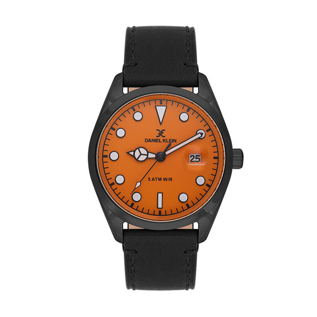 Daniel Klein Premium herreur i stål med oranje skive & svart skinnreim