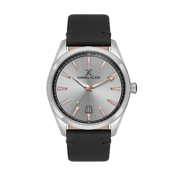 Daniel Klein herreur i stål 42mm med sølvfarget skive & sort skinnreim 50M