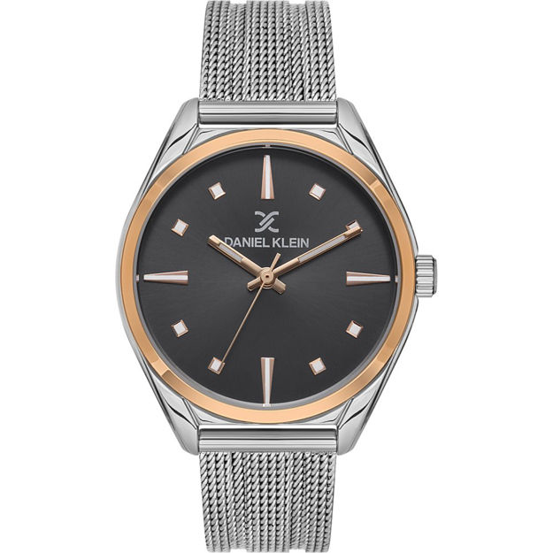 Daniel Klein Premium dameur i rosèstål med svart skive & mesh lenke
