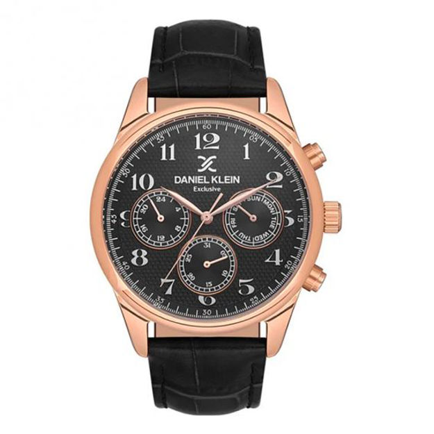 Daniel Klein Exclusive herreur rosèfarget stålkasse med svart skive og svart skinnreim