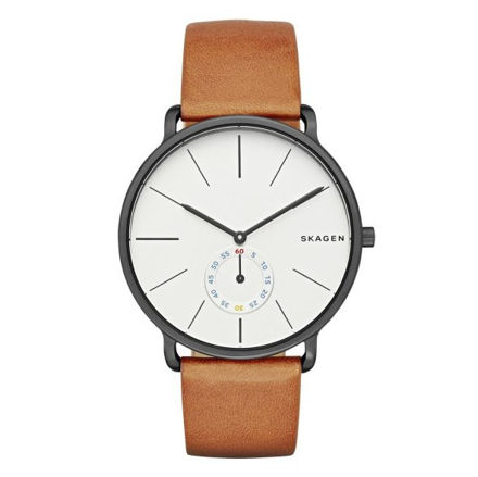 Skagen klokke hvit skive & brun reim