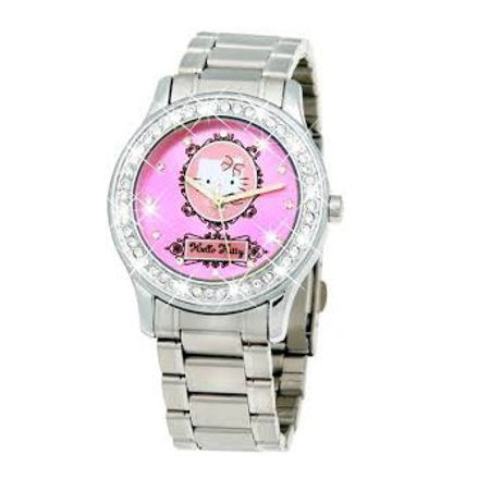 Hello Kitty klokke sølvfarget lenke & rosa skive
