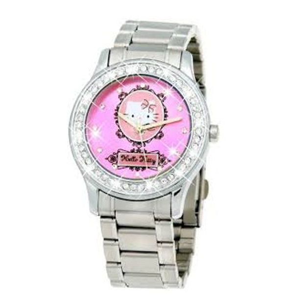 Hello Kitty klokke sølvfarget lenke & rosa skive