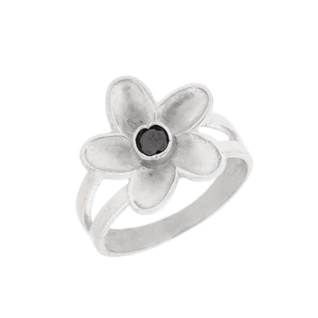 Sølv ring blomst & sort stein