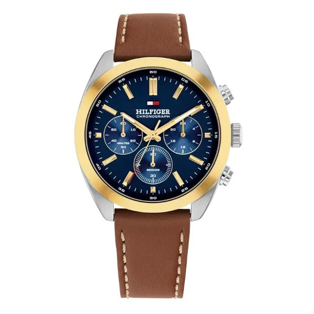 Tommy Hilfiger herreur flerfarget stål 40mm blå skive & lysbrun skinnreim 5atm